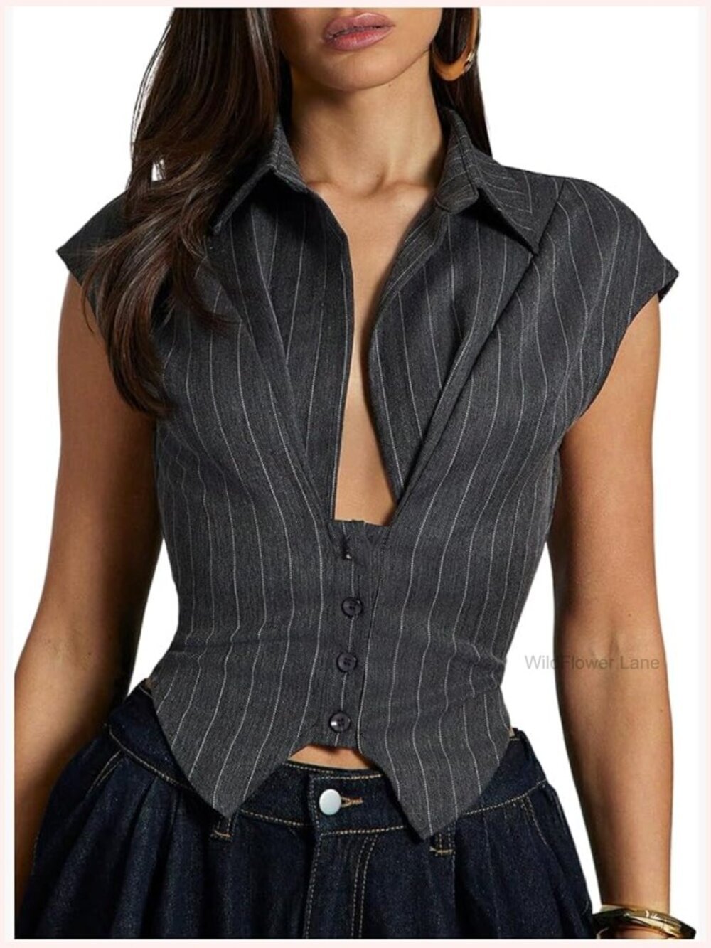 Striped Plunge Neck Blouse Cap Sleeve Button Down Asymmetrical Shirt Tops